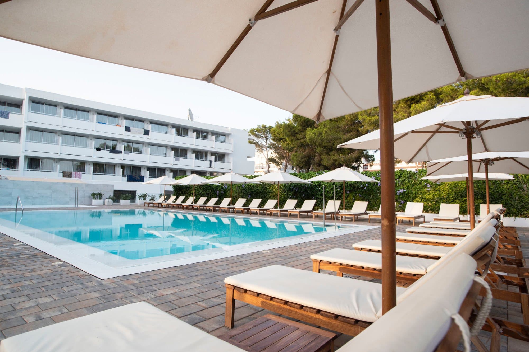 Hotel Ánfora Ibiza: Pool mit türkisfarbenem Wasser, Holzliegen mit weißen Auflagen unter hellen Sonnenschirmen, dahinter das weiße Hotelgebäude mit Balkonen und Pinien